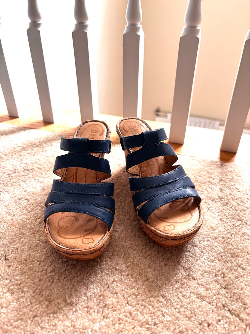 Born Blue Leather Cork Wedge Sandals Size 6 New Without Box